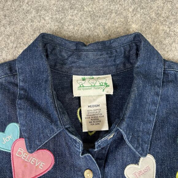 Vintage Quacker Factory Top Medium Denim Embroidered Hearts Valentines Flaws - Picture 3 of 11